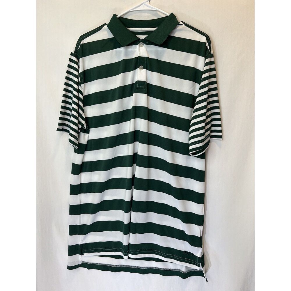 Tabasco Sport Mens Polo Green/White Striped Shirt Sz L‎ EUC Shortsleeve Wicking
